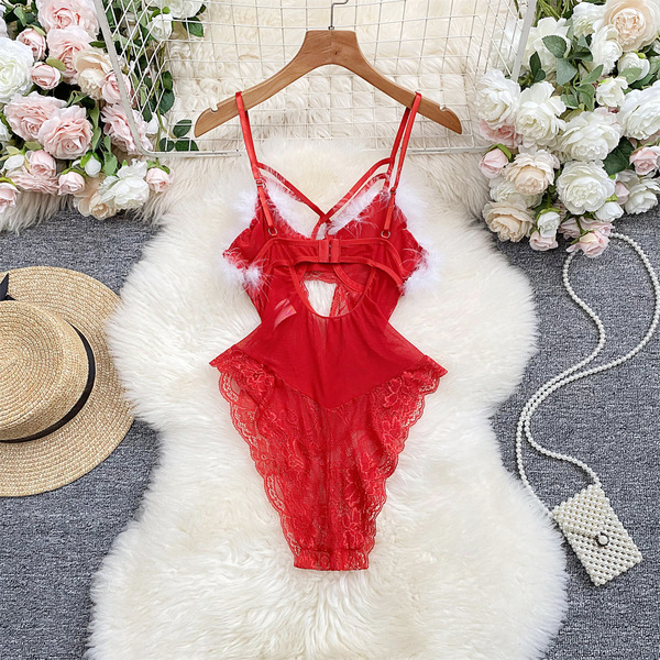 Lucky red chinese new year lingerie set - plush bodysuit with lace, mesh & underwire for year of the ox/zodiac