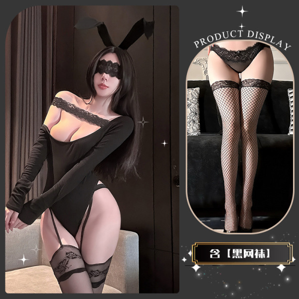 QingShe Alluring Lace Bodysuit - Sensual Off-Shoulder Pure-Delight Erotic Lingerie for Women - Lulu's bare shoulders + black fishnet stockings
