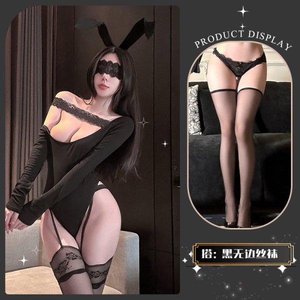 JinXiao Alluring Lace Bodysuit - Sexy Sheer Slanted Shoulder Pure Temptation High-End Sensual Lingerie - Lulu's bare shoulders + black brimless stockings
