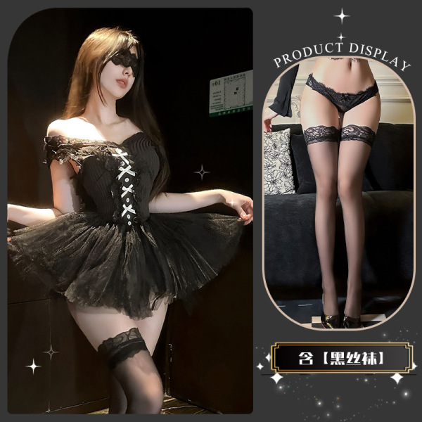 JinXiao Puff Skirt Lingerie - Elegant Seductive Pure-Yet-Forbidden Sensual Underwear Set - Soft, flowing fabric + black stockings