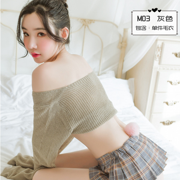 Sexy Off-Shoulder Lace Bralette Set - Seductive Student Uniform Style Lingerie Outfit - M03 Gray Sweater