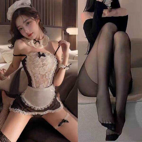 Sexy Maid Costume for Women - Plus Size Seductive Lingerie Sleepwear Set, Busty & Curvy Friendly Outfit - Maid + Black Open Crotch Stockings