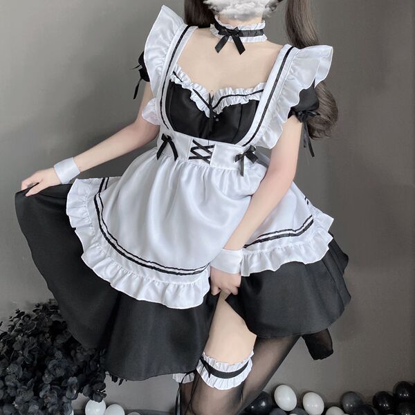 Sexy Lace Maid Costume with Cut-Out Details & Adjustable Straps - Seductive Apron Outfit for Adults - Maid-Black