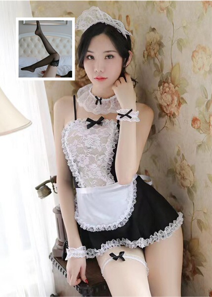 Lunar Tide Sheer Lace Maid Costume Set for Women – Seductive Transparent Sleepwear & Erotic Lingerie Outfit - Maid + Black Stockings