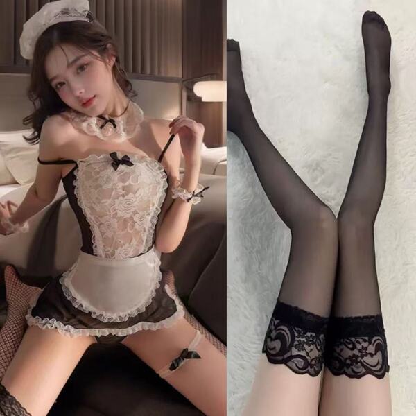 Sexy Maid Costume for Women - Plus Size Seductive Lingerie Sleepwear Set, Busty & Curvy Friendly Outfit - Maid + Black Stockings