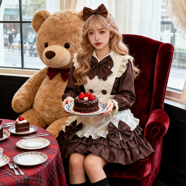 A stylish maid outfit featuring a sweet french-inspired design, complete with puffed sleeves and an apron, paired with a choc...