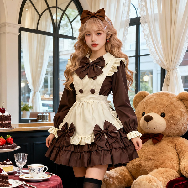 A charming maid outfit featuring a sweet french-inspired design, complete with puffed sleeves and an apron, perfect for a del...