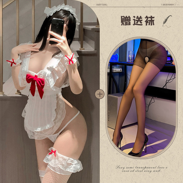 Mannyqing Sensual Sheer Mesh Bodystocking Set - Transparent Erotic Lingerie with Open-Crotch Design for Women - Maid outfit + black open-crotch stockings