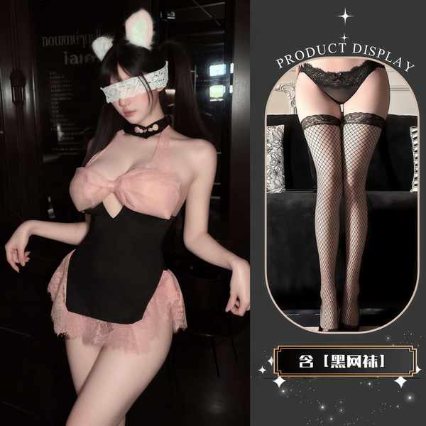 QQNY Pure Allure Sleepwear Set – Elegant Sensual Lingerie for Women, Luxury Bedroom Wear - Maid outfit + black fishnet stockings