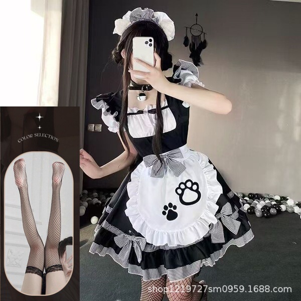 Adorable Maid Costume for Women - Kawaii Cat Lolita Dress, Japanese Anime Cosplay Outfit with Petticoat & Accessories - Maid outfit + black fishnet stockings