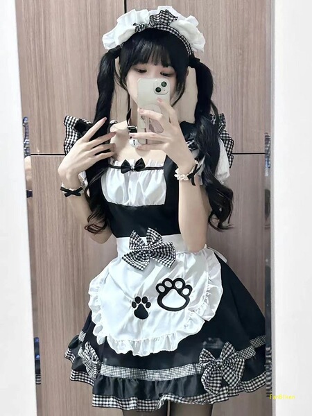 A maid costume cosplay dress featuring a cute cat ear design, perfect for anime girls and soft girl aesthetics. includes a bl...
