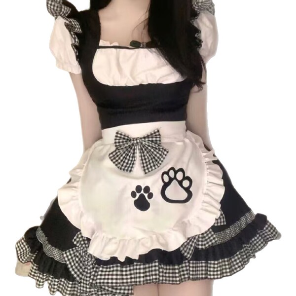 Cute maid costume cosplay dress featuring a black and white checkered apron with paw prints, perfect for anime cat girl lolit...