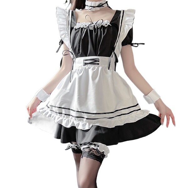 Cute maid costume cosplay dress featuring a black and white design with ruffles, perfect for japanese style outfits. ideal fo...