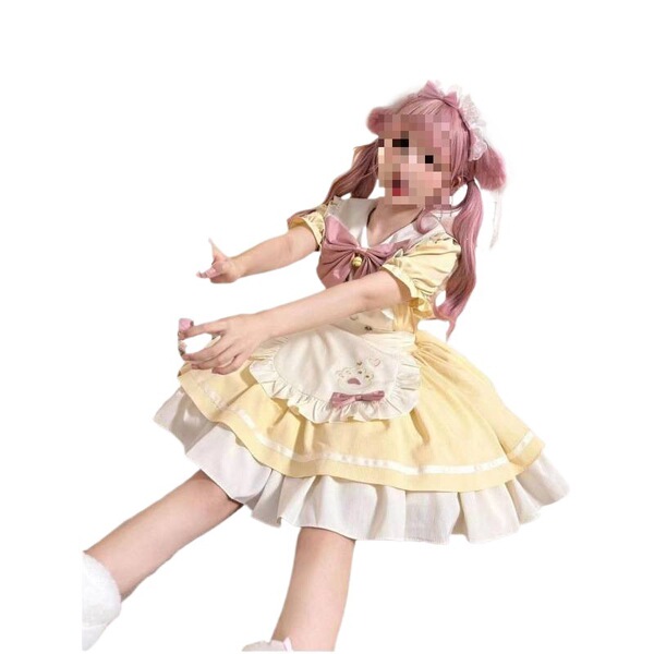 A cute maid costume cosplay dress featuring a yellow lolita outfit with a petticoat, perfect for anime enthusiasts. plus size...
