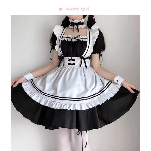 Sweet girl maid costume cosplay dress featuring black and white colors, perfect for japanese lolita style with ruffled detail...