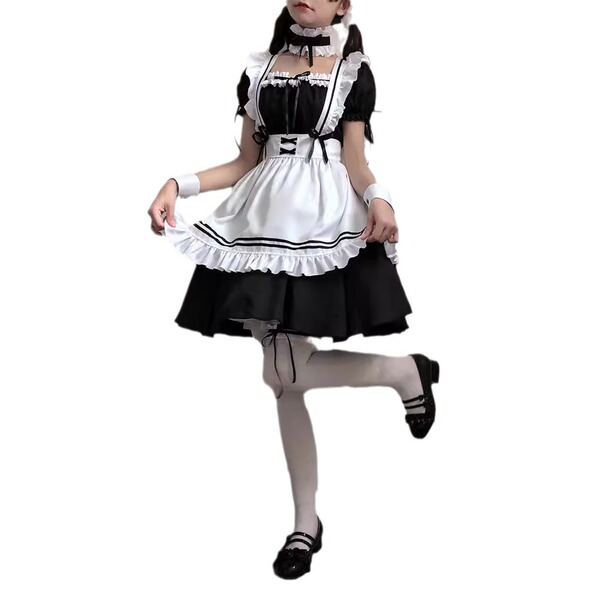 A person wearing a maid costume cosplay dress, featuring a black and white design with ruffles and a corset-style top, perfec...