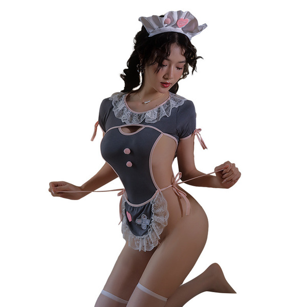 Sexy lolita style maid costume with strapless uniform, featuring lace details and playful design for womens cosplay outfits.