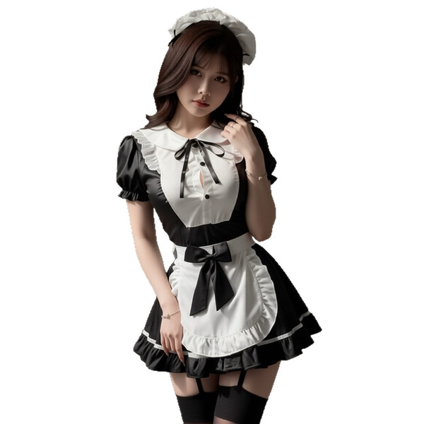 A woman wearing a maid costume cosplay outfit, featuring a black and white dress with ruffles, a bow tie, and stockings, perf...