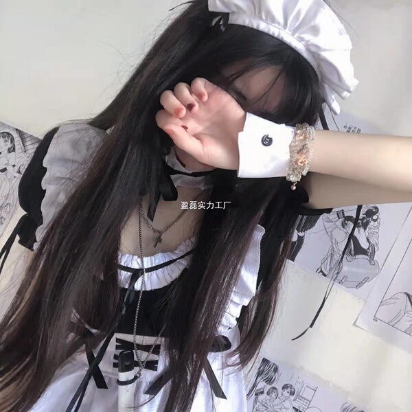 A woman wearing a maid costume cosplay outfit, featuring a cute anime lolita dress with ruffles and a white apron. perfect fo...