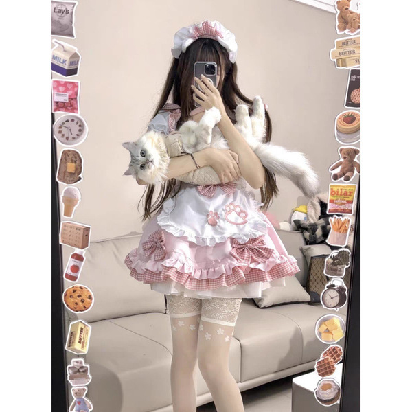 A woman wearing a maid costume cosplay outfit, featuring a cute anime-style dress with cat ears, perfect for lolita fashion. ...