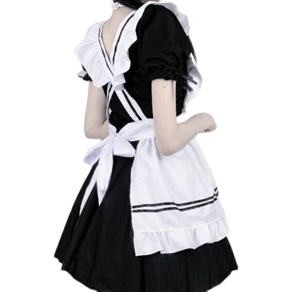 A cute maid costume featuring a black and white lolita outfit with a ruffled apron, puffed sleeves, and a bow tie.