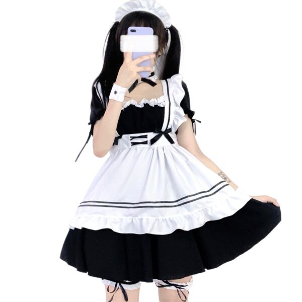 A person wearing a maid costume, featuring a black and white lolita outfit with a cute french maid dress, petticoat, and acce...