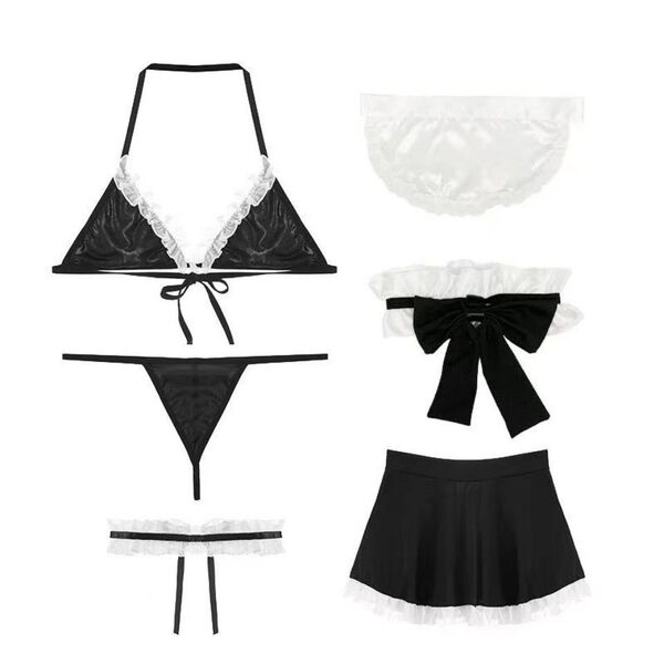 Sexy Lingerie Sleep Dress with Halter Neck Bow & Lace Trim - Maid Costume Set for Women - Maid Outfit