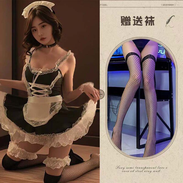 Sexy Plus Size Maid Costume Set - Seductive Lingerie Sleepwear Outfit, Easy-On/Off Temptation Ensemble - Maid outfit + six-piece set + matching black fishnet stockings