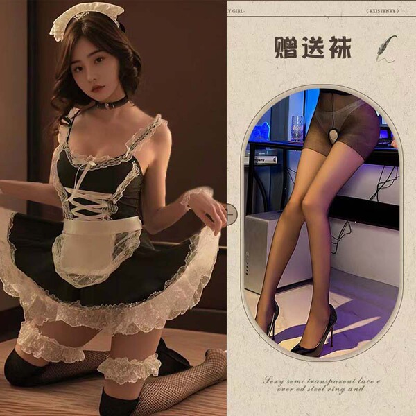 Sexy Plus Size Maid Costume Set - Seductive Lingerie Sleepwear Outfit, Easy-On/Off Temptation Ensemble - Maid outfit + six-piece set + black stockings with open crotch that can be removed