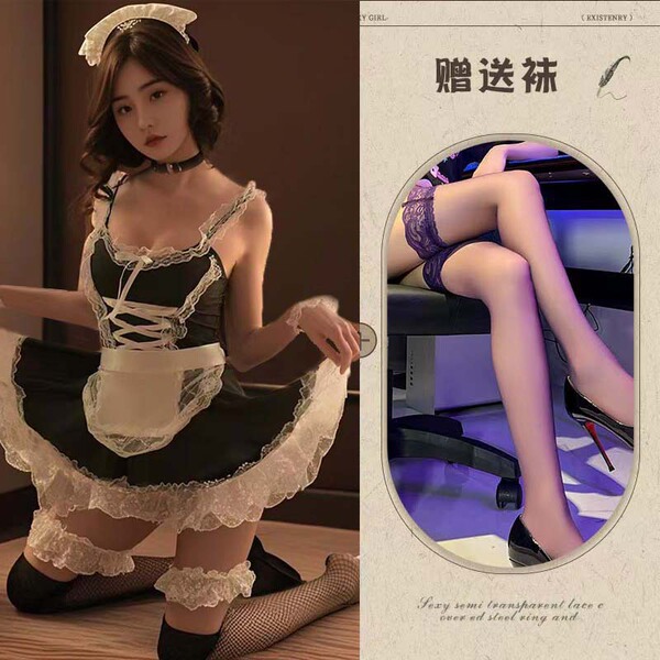 Sexy Plus Size Maid Costume Set - Seductive Lingerie Sleepwear Outfit, Easy-On/Off Temptation Ensemble - Maid outfit + six-piece set + over-the-knee black stockings