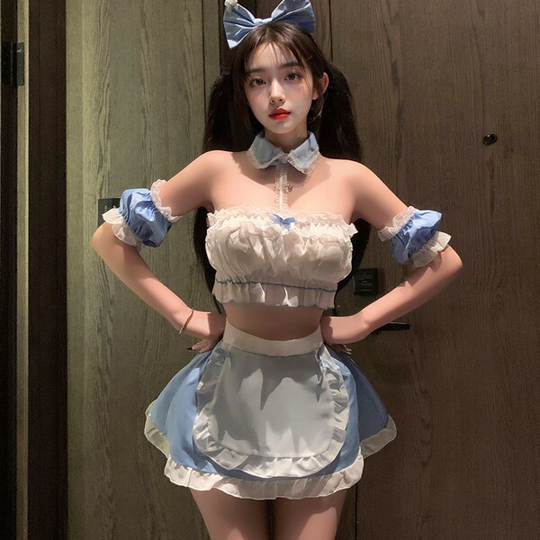 Pure & Seductive Maid Costume Set - Sexy Cute Lingerie Sleepwear for Small Bust, No-Remove Design - Maid outfit (top + skirt + headband)