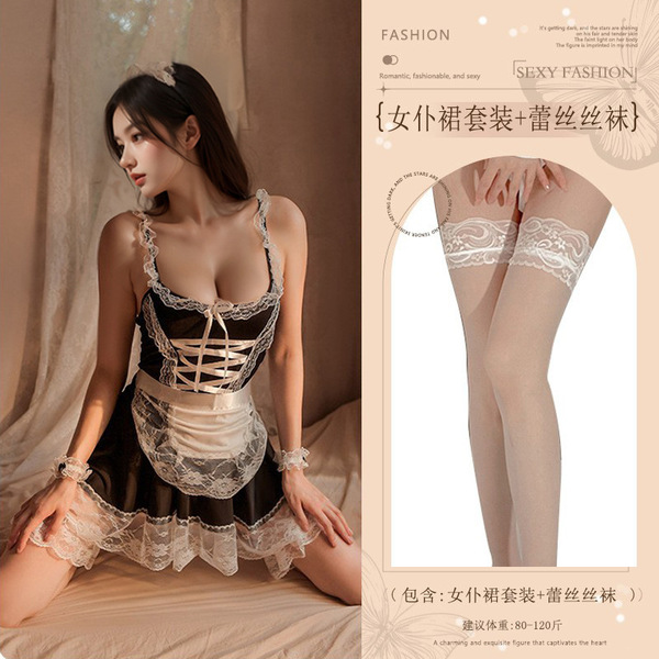 Seductive Maid Costume Lingerie Set - 2026 Sexy Sleepwear & Roleplay Outfit for Women - Black (maid outfit + white lace stockings)