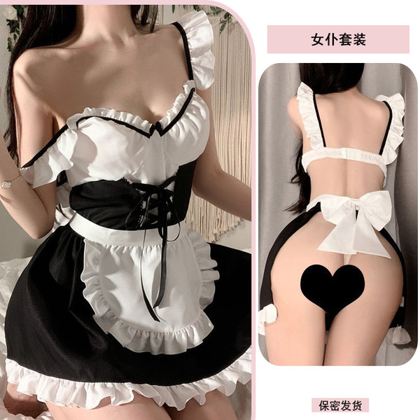 Cute Maid Sleepwear Set - Sexy Schoolgirl Inspired Nightgown & Lingerie Matching Bedroom Outfit - Maid outfit + white fishnet stockings