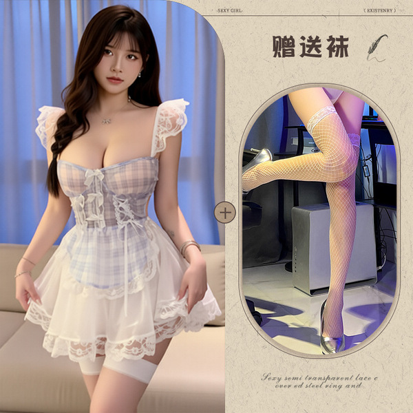 Wangcaige Blue Gingham Maid Lingerie Set – Sexy Thin Sleepwear, Pure & Tempting Erotic Outfit - Maid outfit + white fishnet stockings