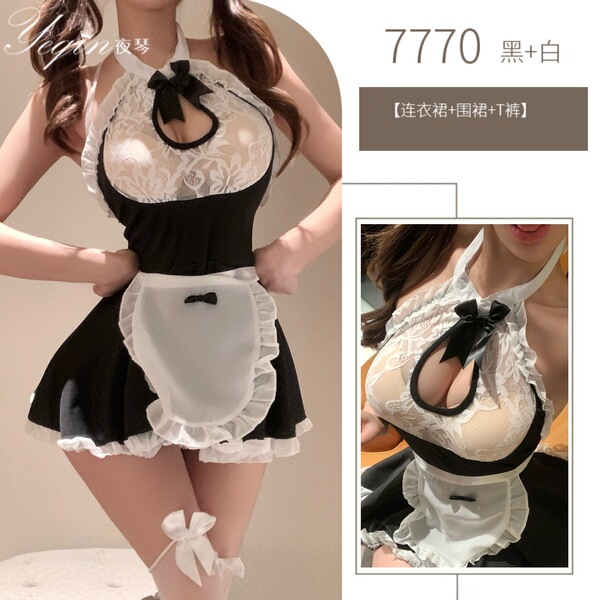 Luxury Women's Sexy Lingerie Set - Provocative Maid Costume Role Play Sleepwear, Plus Size & Easy-On Design - Maid outfit (dress + apron + thong)