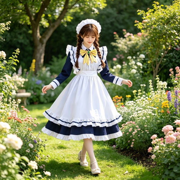 A woman wearing a charming maid dress cosplay costume, perfect for sweet lolita style. the outfit features a white apron with...