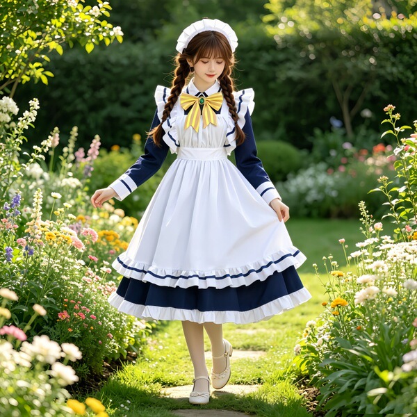 A woman wearing a charming maid dress cosplay costume, perfect for sweet lolita style. the outfit features a white apron with...
