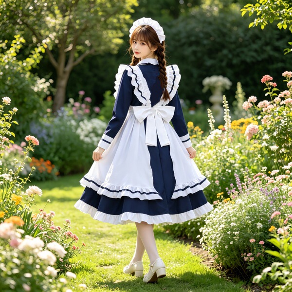 A woman wearing a charming maid dress cosplay costume, perfect for sweet lolita style. the outfit features a navy blue and wh...
