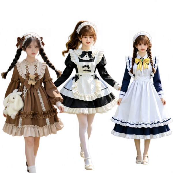 Three women wearing maid dresses, featuring sweet lolita styles with ruffles and bows, perfect for cosplay or daily wear. plu...