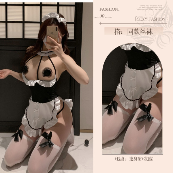 Seductive Maid-Style Lingerie Set - Pure Temptation Sleepwear for Couples, No-Remove Design - Maid [skirt + headdress + matching stockings]