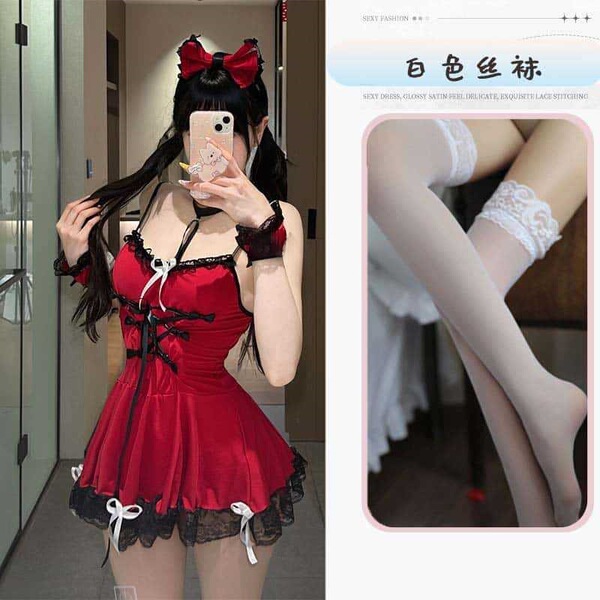 Yelanqu Plus Size Sexy Lingerie Set - Seductive Maid Sleepwear, No-Remove Erotic Costume for Passionate Nights - Maid dress + white stockings