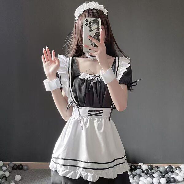 Pure & Playful Maid Costume Set - Cute Japanese Schoolgirl Cosplay Outfit with Black Stockings & Princess Style - Maidservant (including T-shirt)