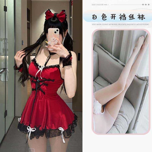 Yelanqu Plus Size Sexy Lingerie Set - Seductive Maid Sleepwear, No-Remove Erotic Costume for Passionate Nights - Maid dress + white open-crotch stockings