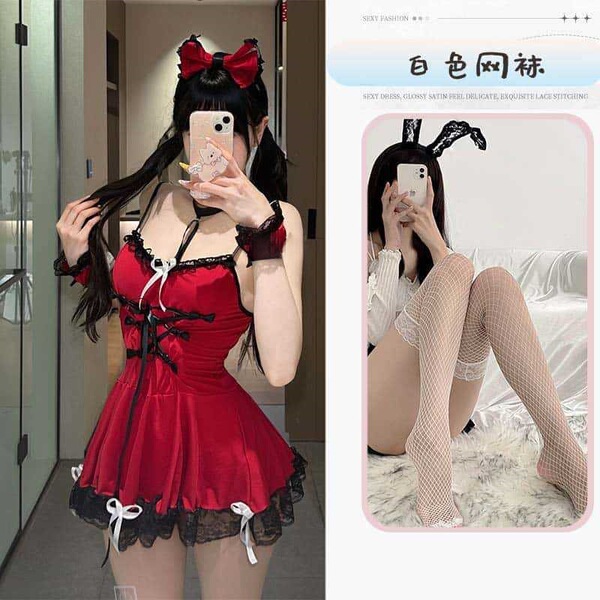 Yelanqu Plus Size Sexy Lingerie Set - Seductive Maid Sleepwear, No-Remove Erotic Costume for Passionate Nights - Maid dress + white fishnet stockings