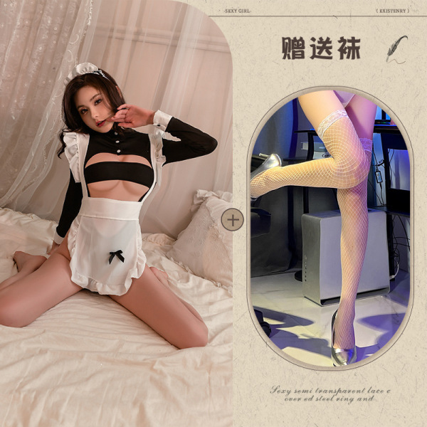 QQNY Pure Allure Sleepwear Set – Elegant Sensual Lingerie for Women, Luxury Bedroom Wear - Maid with semen extraction + white fishnet stockings