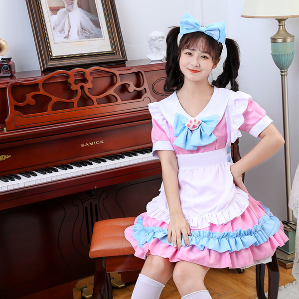 Miracle Nikki World Tour Red Wine Sweetheart Maid Outfit - Lolita Cosplay Costume for Girls - Maid Pink Six-Piece Set