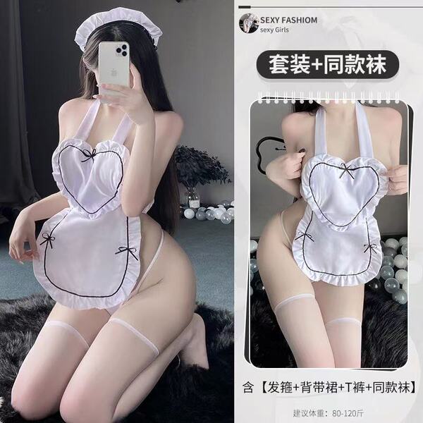 Sexy maid outfit with sheer design, perfect for cosplay or playful dates, featuring a cute apron and stockings.