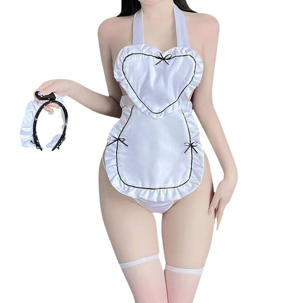 White maid-themed lingerie set featuring a heart-shaped apron, ruffled edges, and stockings, perfect for cosplay or playful d...