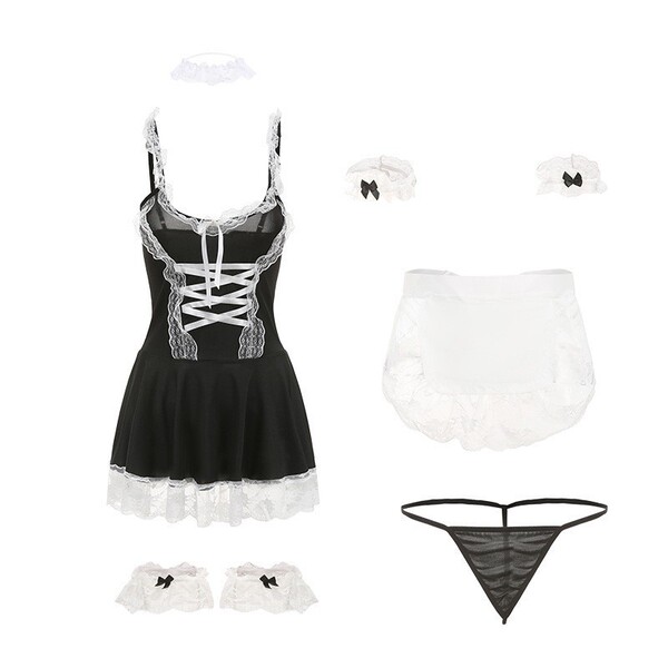 Maid Costume Lingerie Set - Sexy Low-Cut French Maid Outfit with Skirt & Apron, Cute Playful Cosplay Dress - Maid outfit with a slender frame + black open-crotch stockings