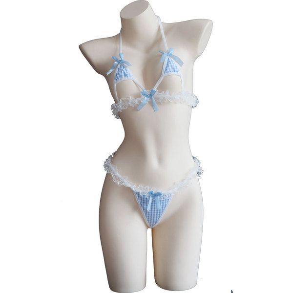 Maid-themed lingerie set featuring blue gingham patterns with bows, delicate lace trimmings, perfect for role play and seduct...